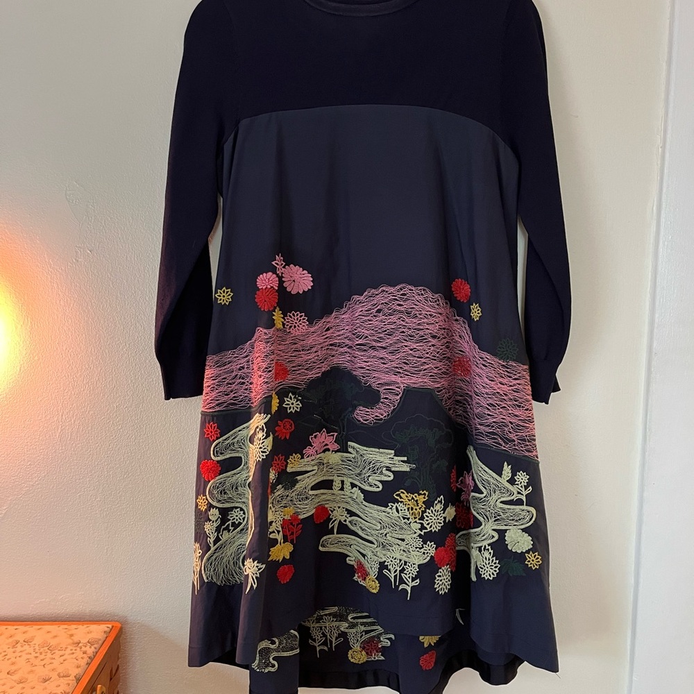 Navy Blue Embroidered Long Sleeve Dress